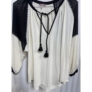 Juicy Couture Black & White Boho Tie Front Sheer 3/4 Sleeve Blouse Tunic Top S